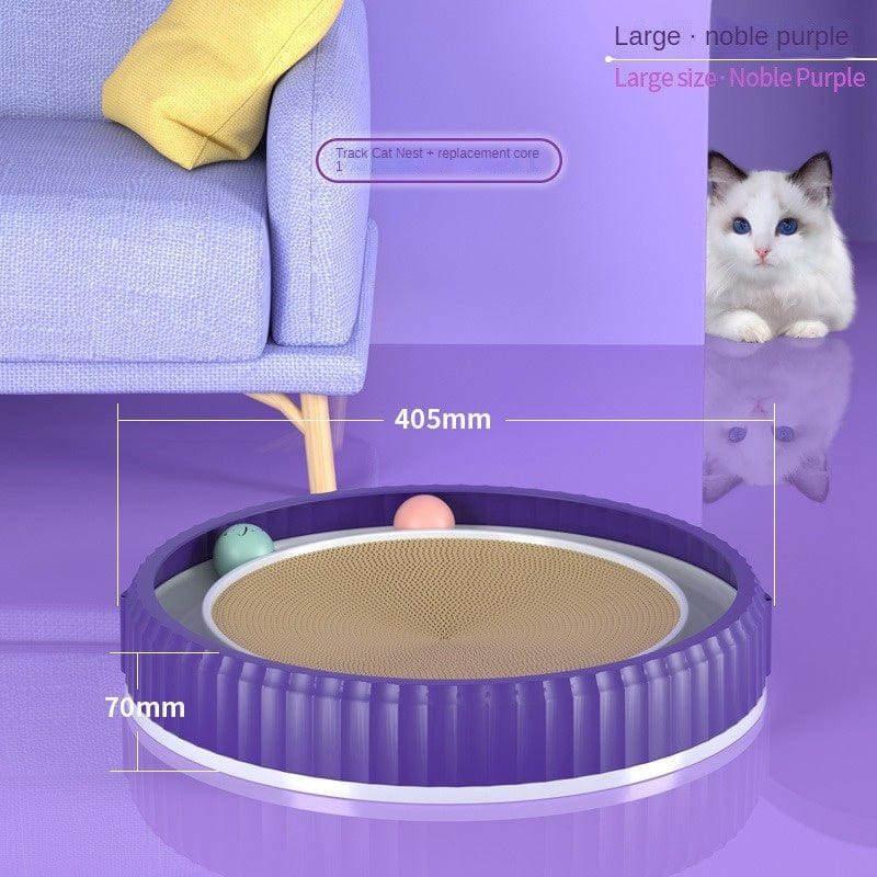 Planche à gratter ronde pour chat en violet, durable et confortable, avec balle et coussin pour griffes.
