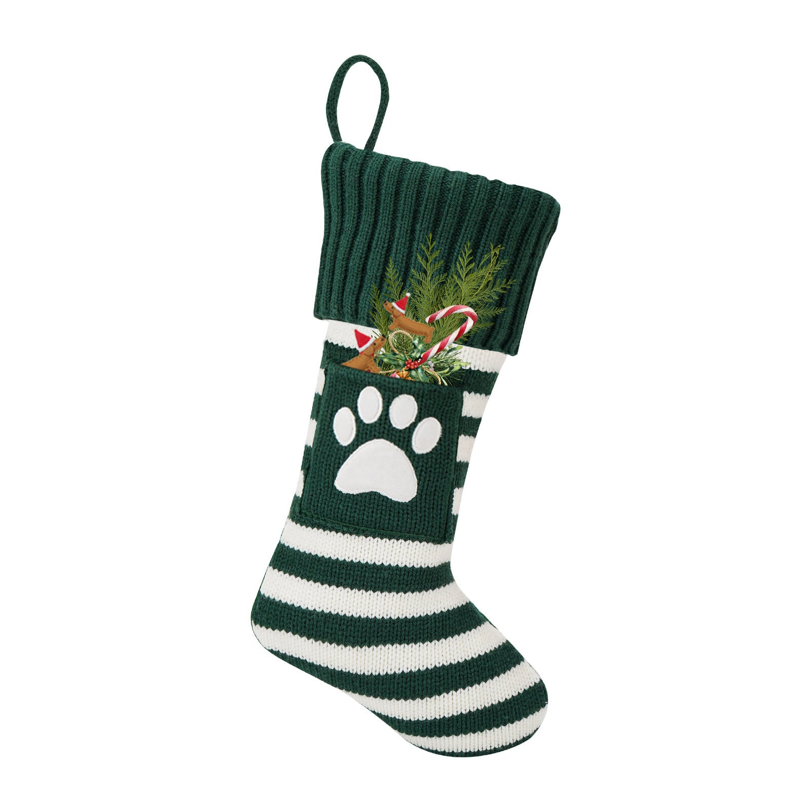 Chaussette de Noël verte rayée avec empreinte de patte et décorations, idéale pour les cadeaux d'animaux pendant les fêtes.