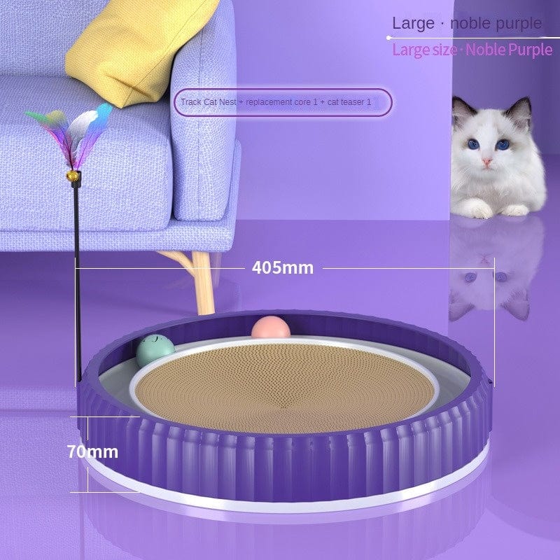 Planche à gratter ronde pour chat en couleur violet, avec jouets interactifs intégrés, idéale pour gratter et jouer.