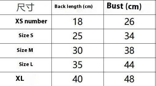 Size chart for dog clothing showing back length and bust measurements in centimeters for various sizes.