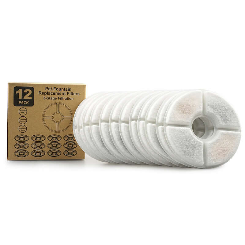 Pack de 12 filtres de remplacement pour fontaine à eau des animaux, filtration en 3 étapes pour une eau propre.