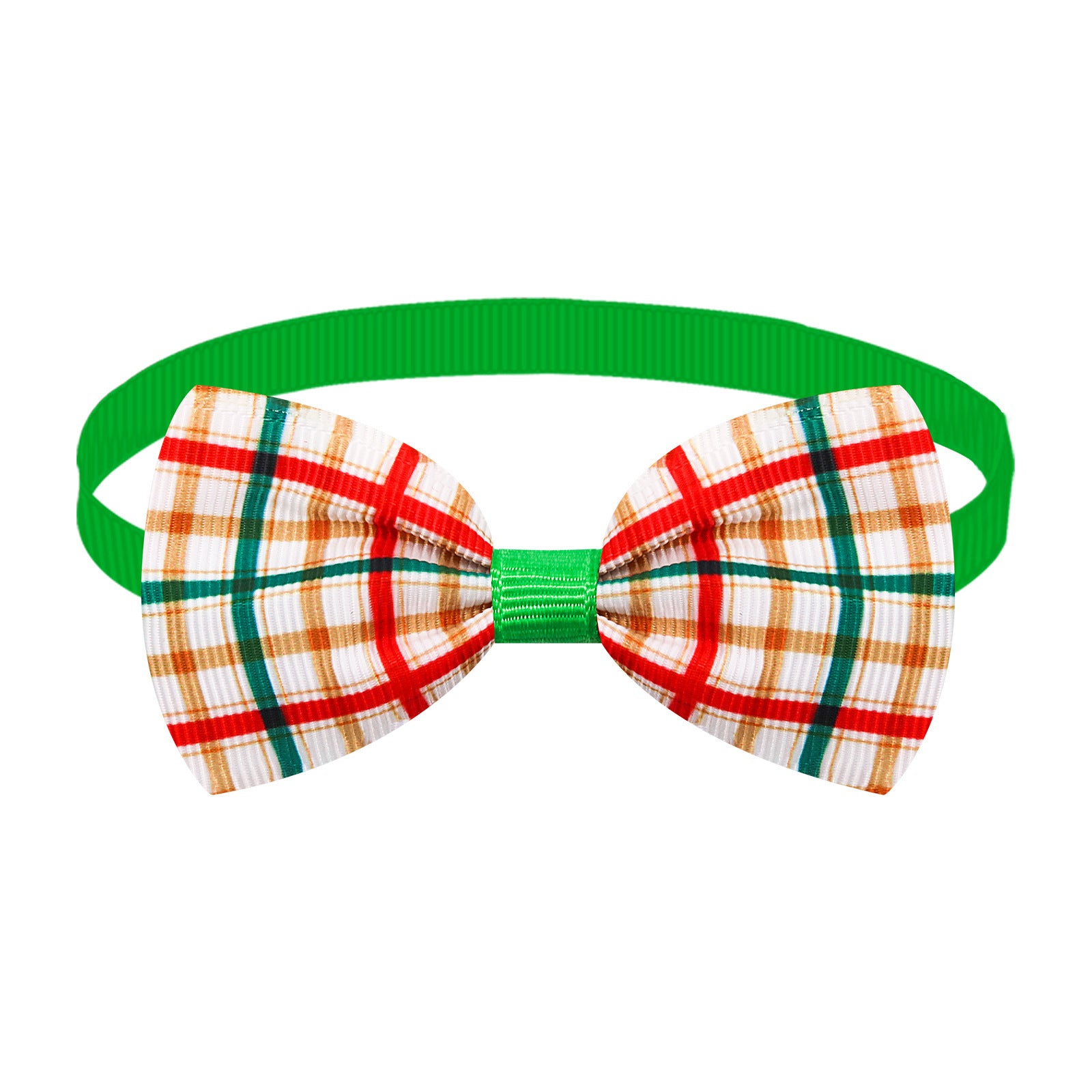 Nœud papillon à rayures plaid de Noël pour chien et chat avec élastique vert, accessoire élégant pour animaux.