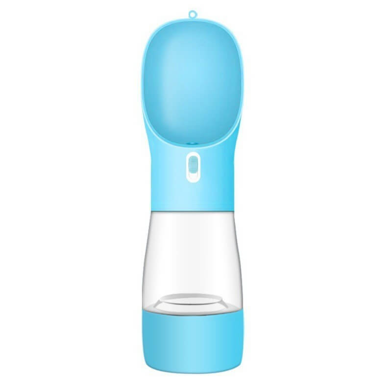 Bouteille d'eau portable pour chien en bleu, idéale pour les voyages et les promenades.