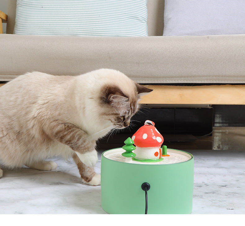 Un chat curieux examine une fontaine à eau électrique en céramique avec un design de champignon.