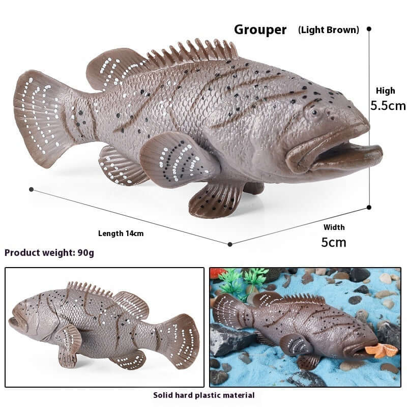 Modèle de poisson grouper en plastique durable, jouet éducatif pour enfants avec dimensions et poids.