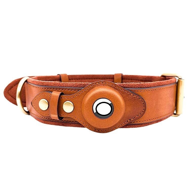 Collier en cuir de haute qualité pour chien avec localisateur GPS, couleur brun, design élégant et sécurisé.