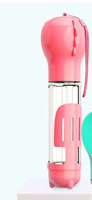 Bouteille d'eau multifonctionnelle pour animaux, design rose, idéale pour hydrater votre chien en extérieur.