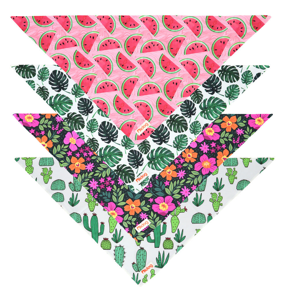 Écharpes en coton doux pour chien avec motifs colorés, incluant pastèques, fleurs et cactus.