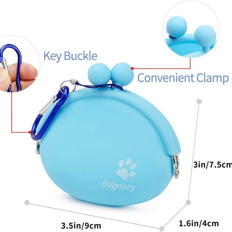 Sac à friandises en silicone bleu avec clip, dimensions 9x7.5x4cm, idéal pour transporter les snacks pour animaux.