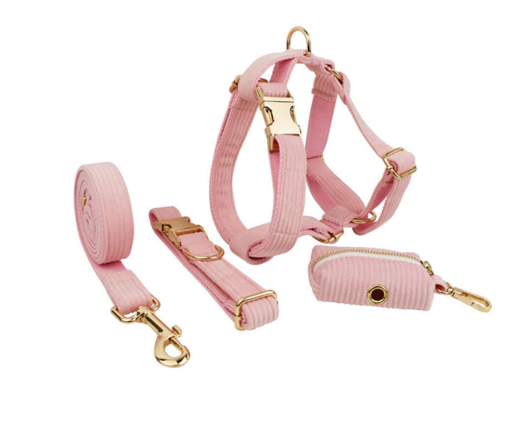 Set de harnais et laisse rose pour chien avec accessoires en or, idéal pour le confort et le style des animaux.
