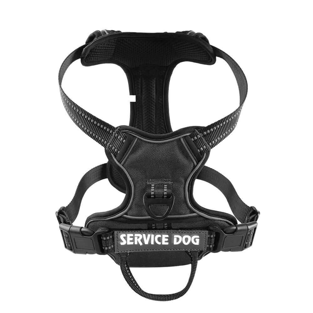 Harnais noir en tissu Oxford pour chien avec inscription SERVICE DOG, conçu pour le confort et la sécurité.