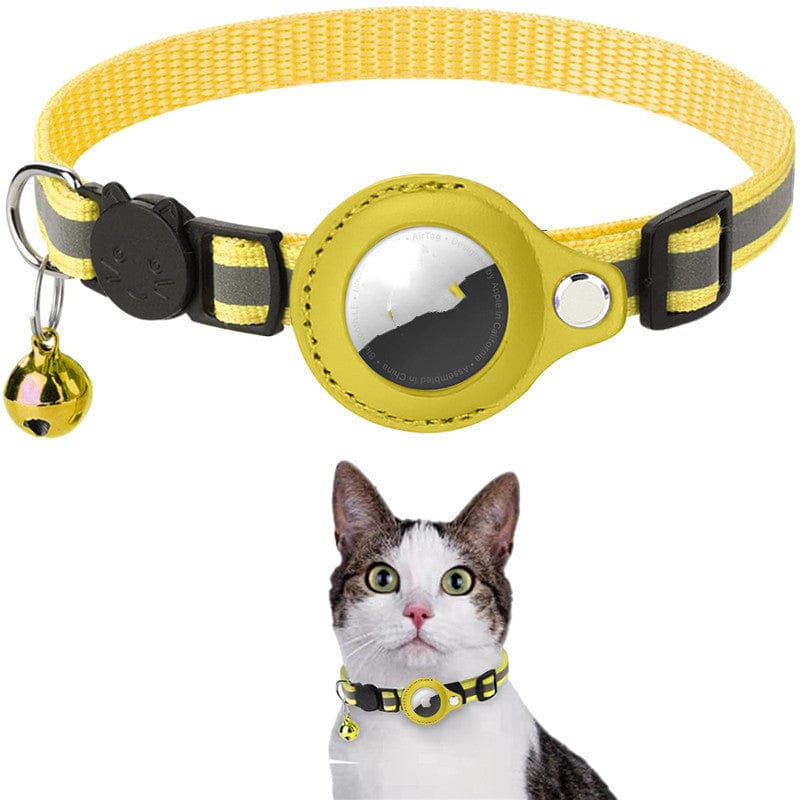 Collier réfléchissant étanche en nylon jaune pour chat avec AirTag, incluant une cloche, stylé et durable.
