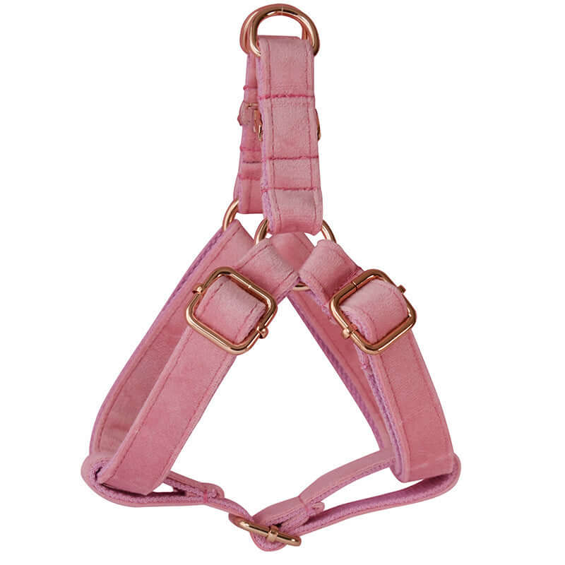 Harnais en flanelle pour chien rose avec boucles en métal doré, confortable et durable pour vos promenades.
