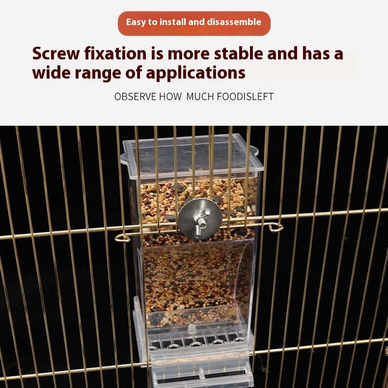 Conteneur transparent automatique pour oiseaux, facile à installer, avec fixation par vis pour une alimentation régulière.