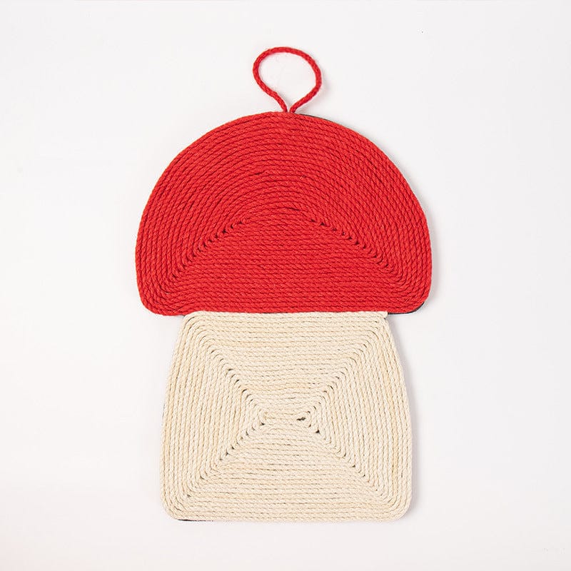 Tapis à gratter pour chats en forme de champignon, rouge et beige, idéal pour préserver les meubles.
