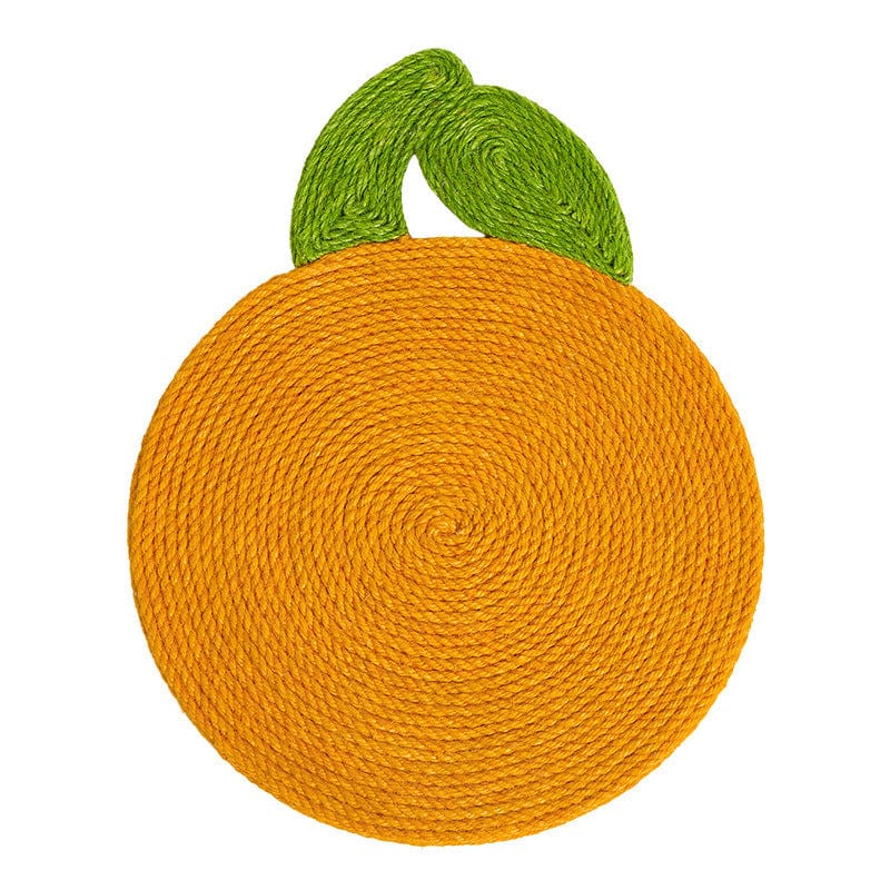 Planche à gratter pour chat en jute, motif orange avec feuilles vertes, durable et ludique.