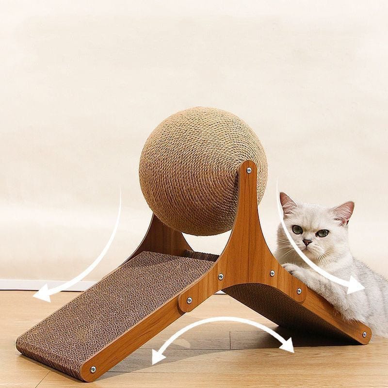 Planche à Griffer Ferris Wheel avec un chat et un griffoir en bois, offrant confort et divertissement pour animaux.