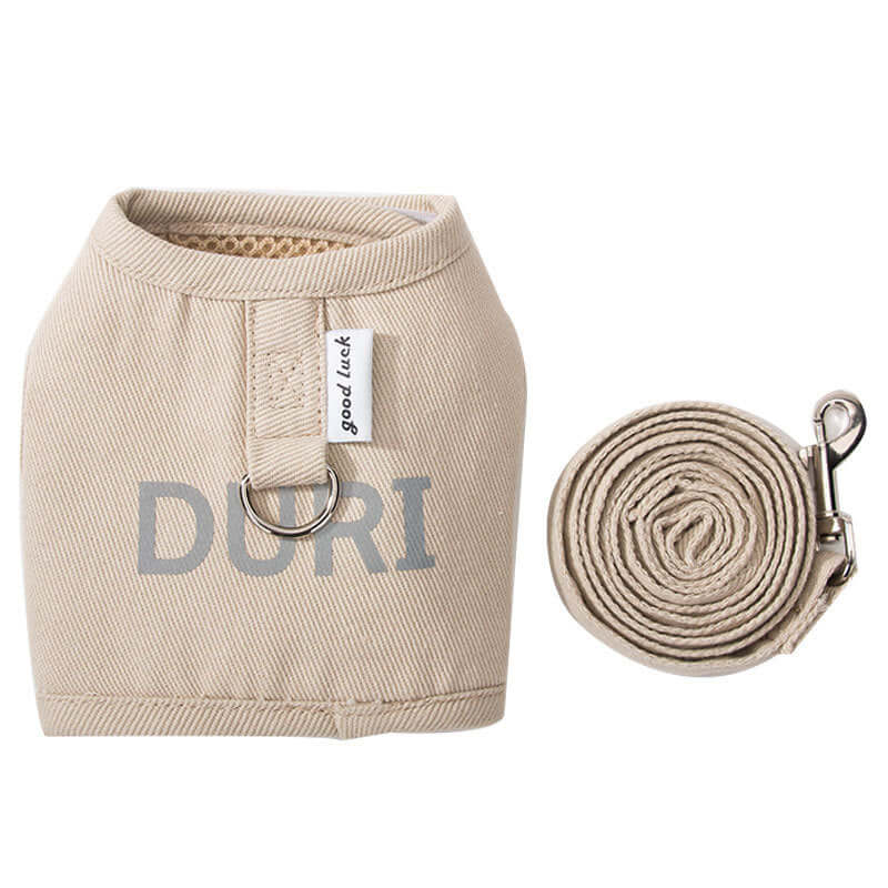 Harnais et laisse en tissu tissé pour chien, couleur beige, avec motif élégant et boucle de fixation.