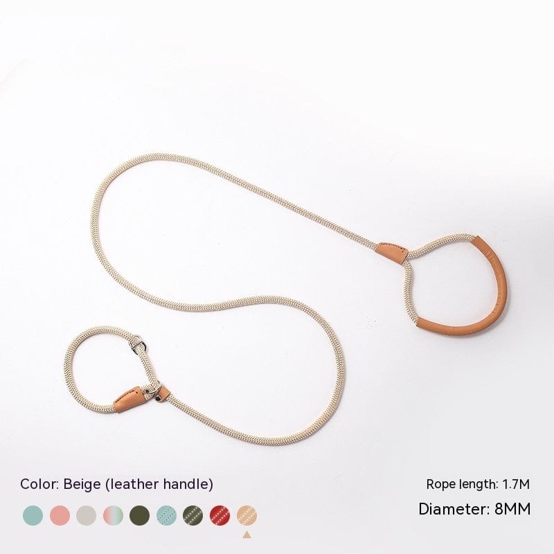 Laisse en nylon tressé beige de 1.7M avec poignée en cuir pour chiens de taille variée.