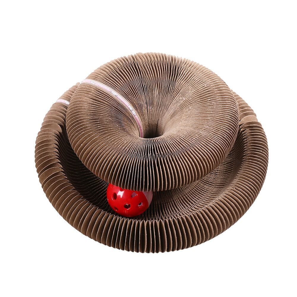 Planche à gratter en papier ondulé pour chat, jouet interactif avec trackball rouge, design attrayant et ludique.