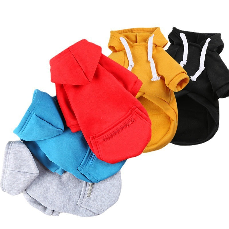 Colorful zippered hoodies for dogs and cats in red, blue, yellow, black, and grey for autumn and winter warmth.