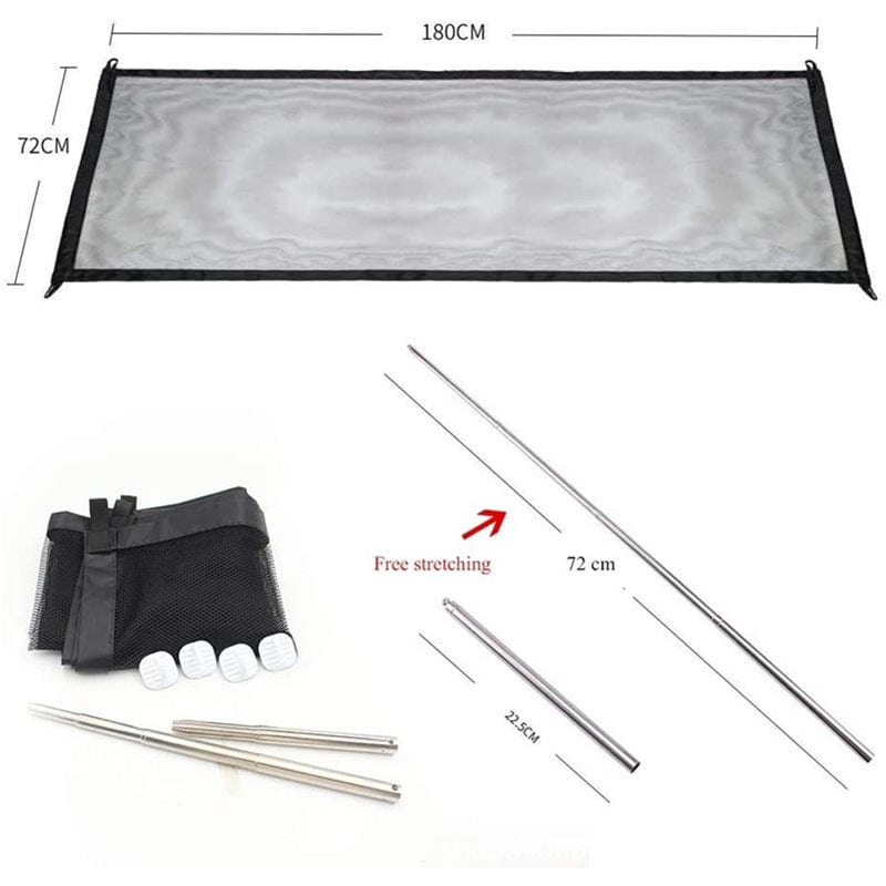 Clôture pliante portable en maille pour chiens, dimensions 180x72 cm, avec accessoires inclus.