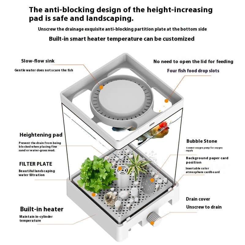 Cylindrical aquarium features with height-increasing pad, filter plate, built-in heater, and drainage system.