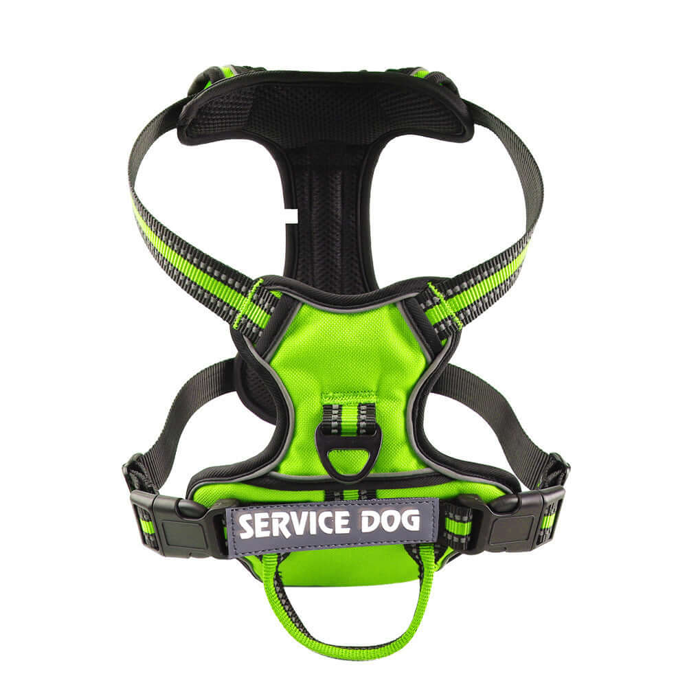 Harnais personnalisé en tissu Oxford pour chien, vert, avec étiquette 'Service Dog', durable et léger.