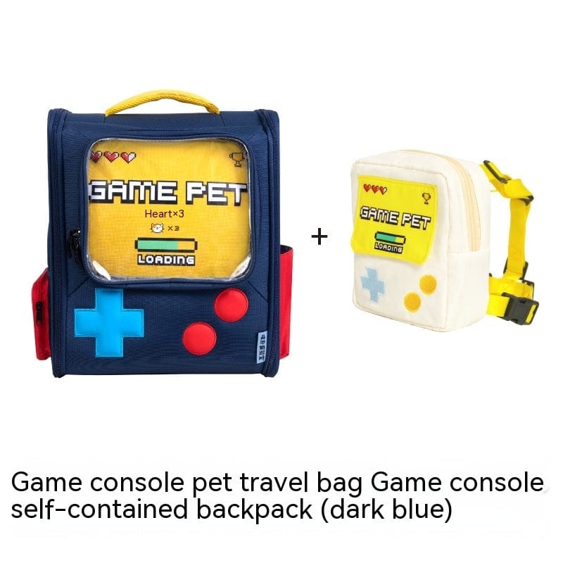Sac à dos pour animaux de compagnie en style console de jeu, bleu foncé, idéal pour les voyages avec votre animal.