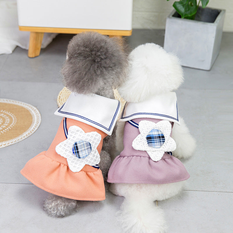 Deux chiens portant des jupes à fleurs colorées, vues de dos, avec un look élégant et confortable pour animaux.