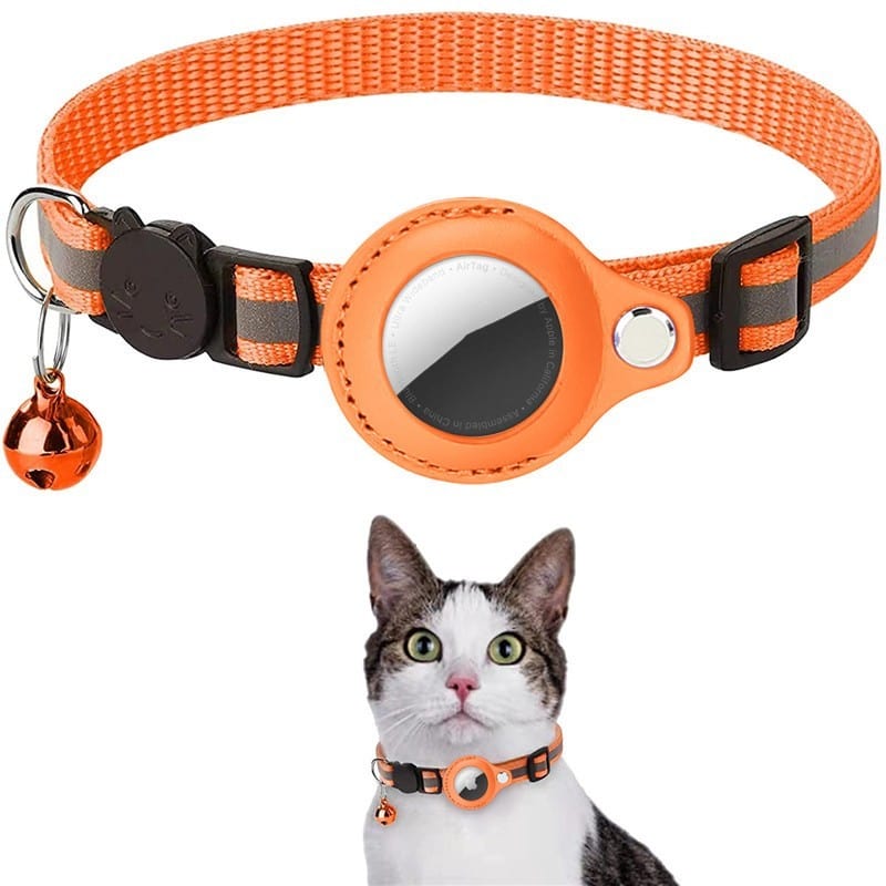 Collier pour animaux orange avec cloche et Airtag réfléchissant, idéal pour chats et chiens.