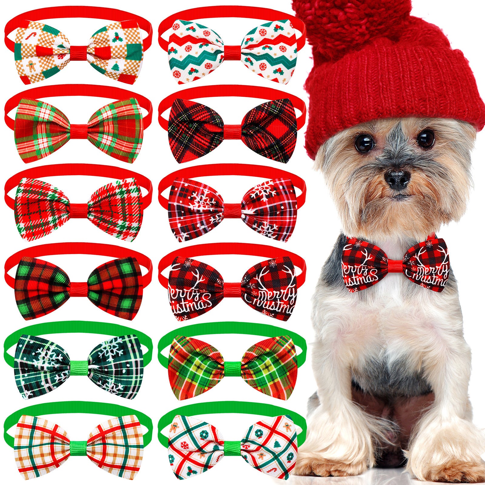 Nœud papillon à rayures plaid de Noël pour chien, plusieurs styles et couleurs, avec un petit chien en bonnet de Noël.