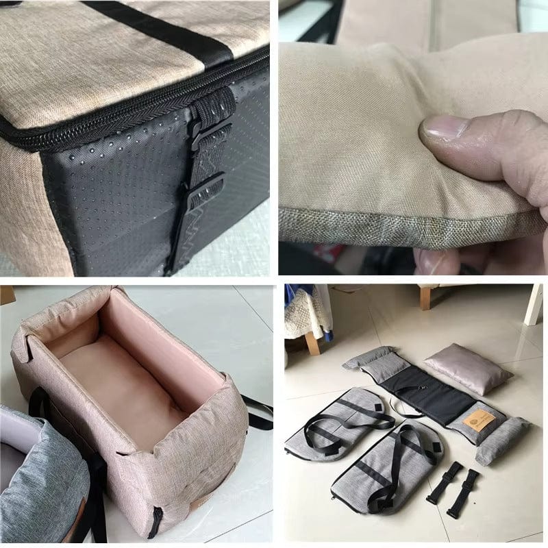 Sac à dos pliable pour animaux avec rembourrage confortable en tissu durable et éléments de rangement.