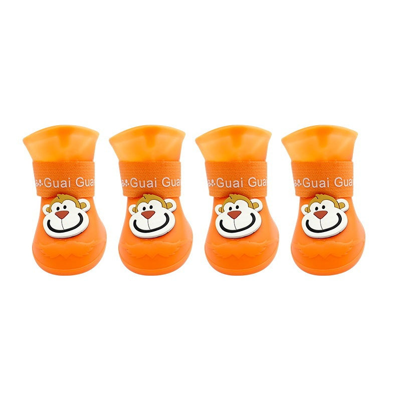 Bottes en silicone pour animaux étanches et antidérapantes, couleur orange avec motif de singe, ensemble de 4.