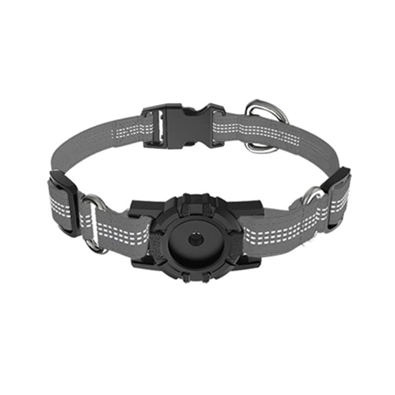 Collier Anti-perte pour Chien en nylon durable, ajustable et élégant, gris avec détails réfléchissants.