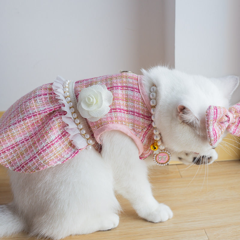 Chat portant une jupe rose à la mode avec accessoires et collier élégant.