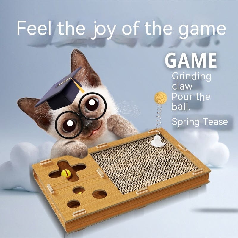Chat joueur avec lunettes et chapeau sur une planche à gratter interactive en papier ondulé.