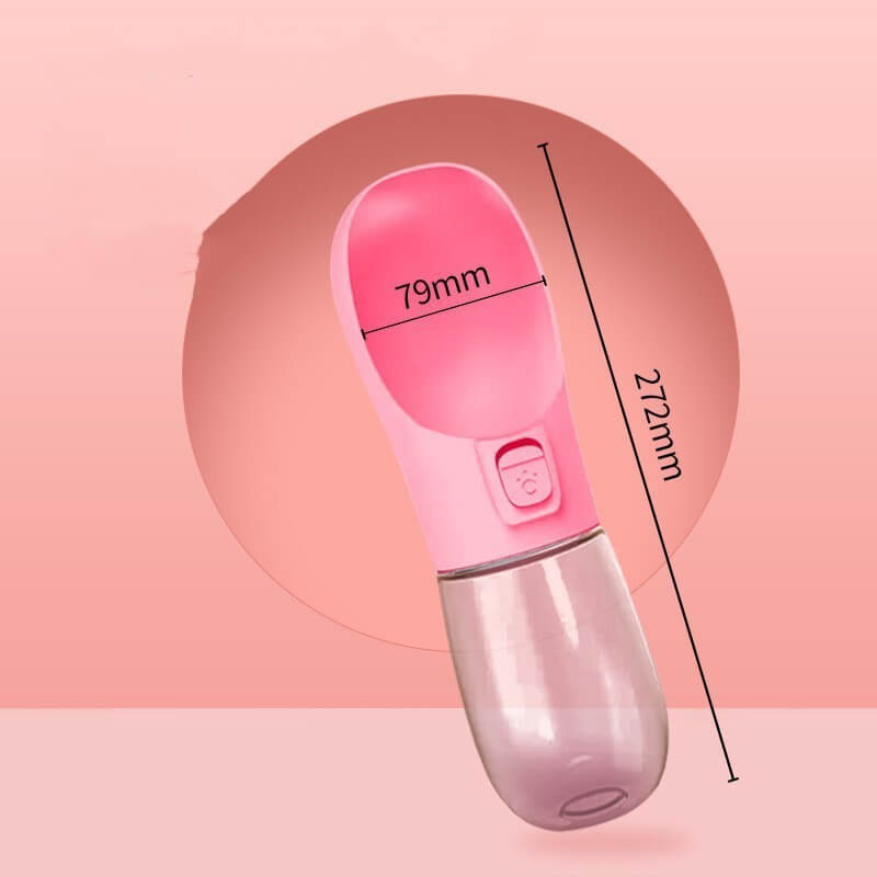 Bouteille d'eau portable pour chien, design pratique et dimension de 79mm x 272mm en rose.