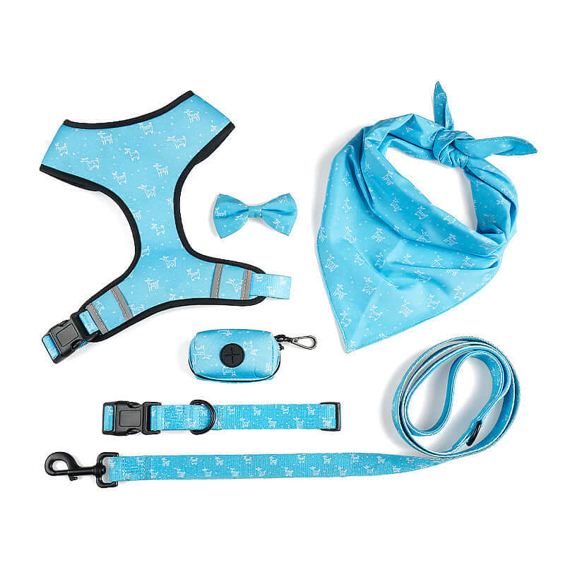 Harnais de chien bleu avec laisse, nœud papillon, bandana et accessoires. Confort et style pour animaux.