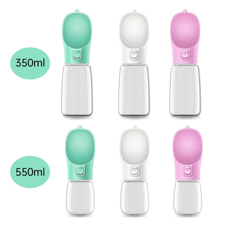 Gobelet portable pour animaux, disponible en vert et rose, avec options de 350ml et 550ml, idéal pour l'hydratation des animaux.