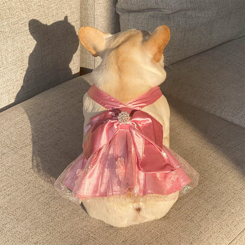 Chien vêtu d'une jupe en maille rose avec un nœud et une perle, assis sur un sofa.
