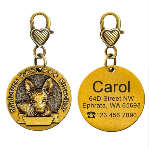 Porte-Identité Personnalisé en Bronze pour chien avec gravure et anneau en forme de cœur.