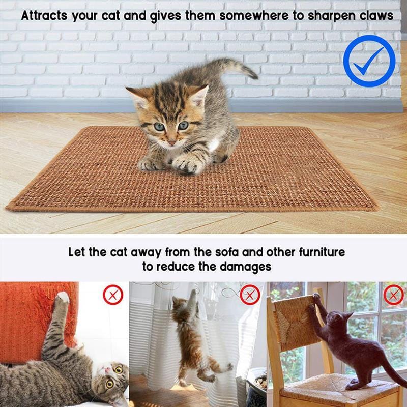 Chat jouant sur un tapis anti-rayures en sisal naturel, protégeant les meubles des griffes.