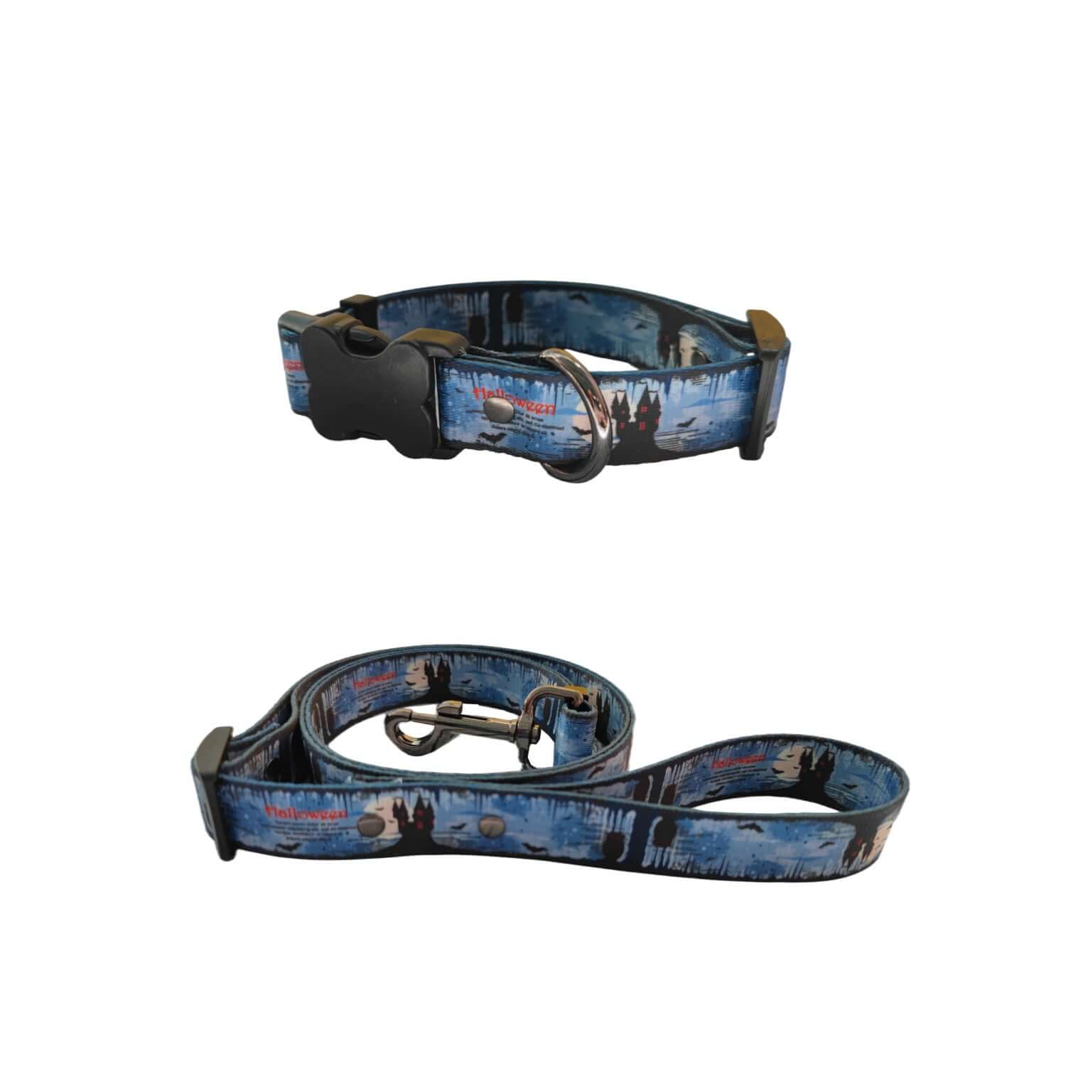 Harnais et laisse à imprimé Halloween pour chien, style tendance avec motifs citrouille et château fantôme.