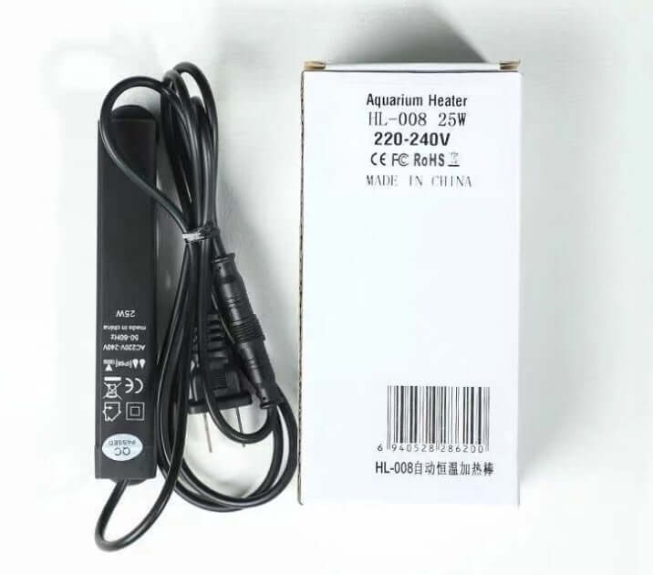 Aquarium heater HL-008, 25W, designed for maintaining proper water temperature, includes power cord and box.