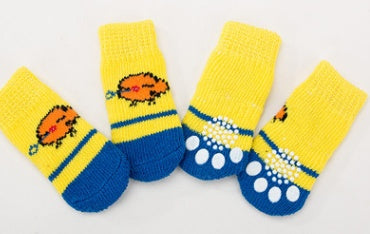 Chaussettes en coton pour animaux, imprimé coloré de poussin sur fond jaune et bleu, confort idéal pour vos compagnons.