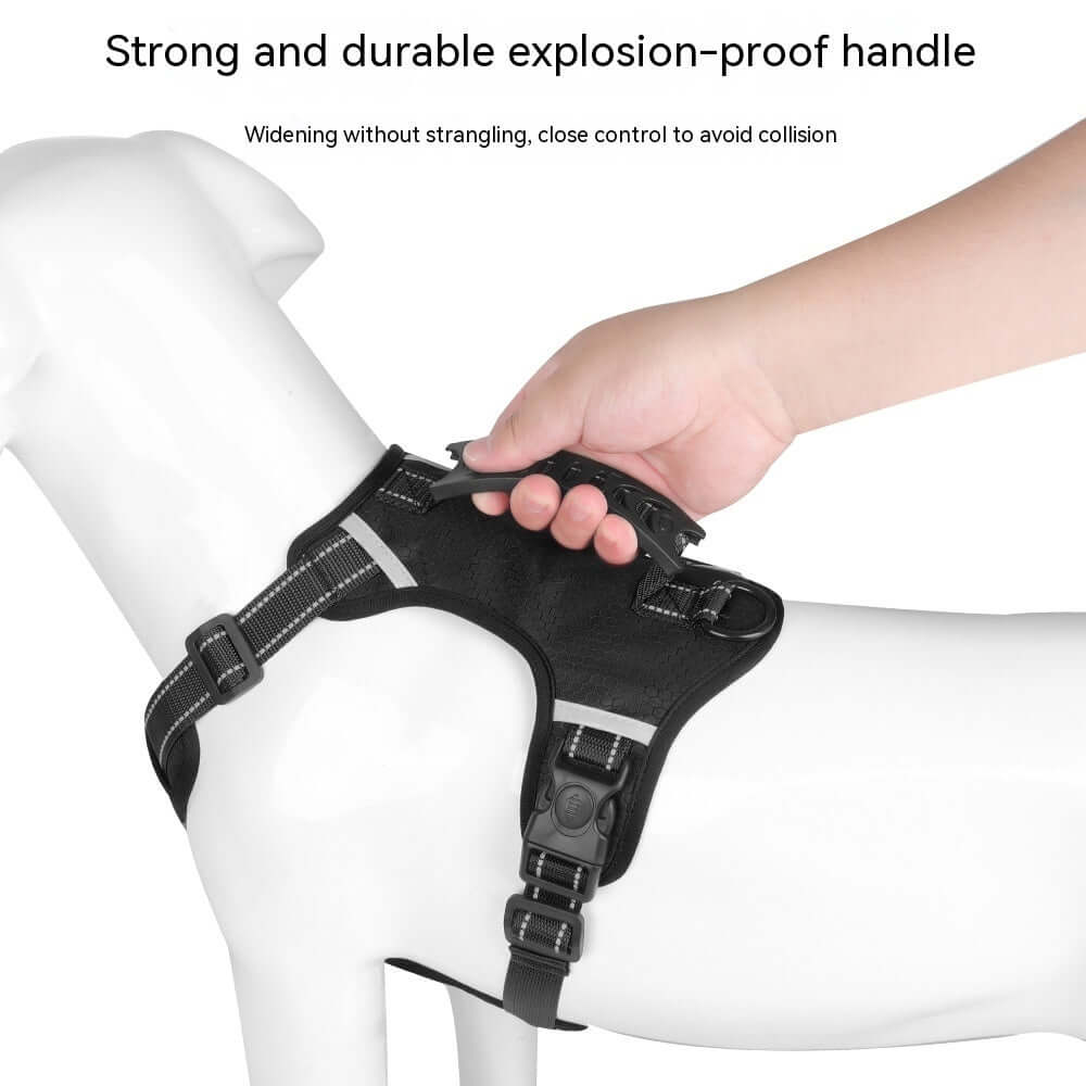 Harnais de sécurité pour chien avec poignée explosion-proof, offrant contrôle et confort pendant la promenade.