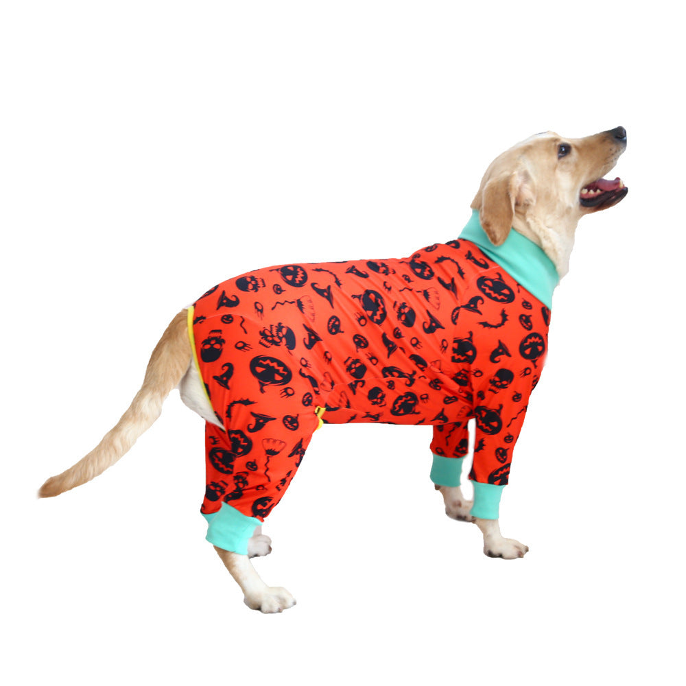 Dog wearing a cute cotton outfit with an orange print, featuring a comfortable cut and stylish design.