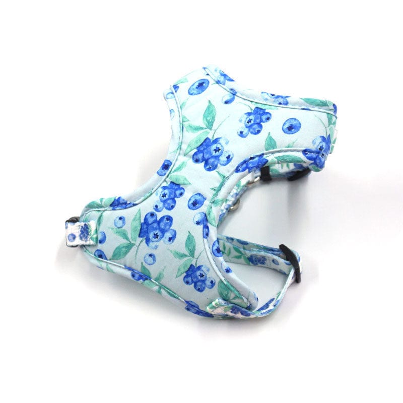 Harnais à motif myrtille en polyester pour chien, idéal pour des promenades stylées et sécurisées.