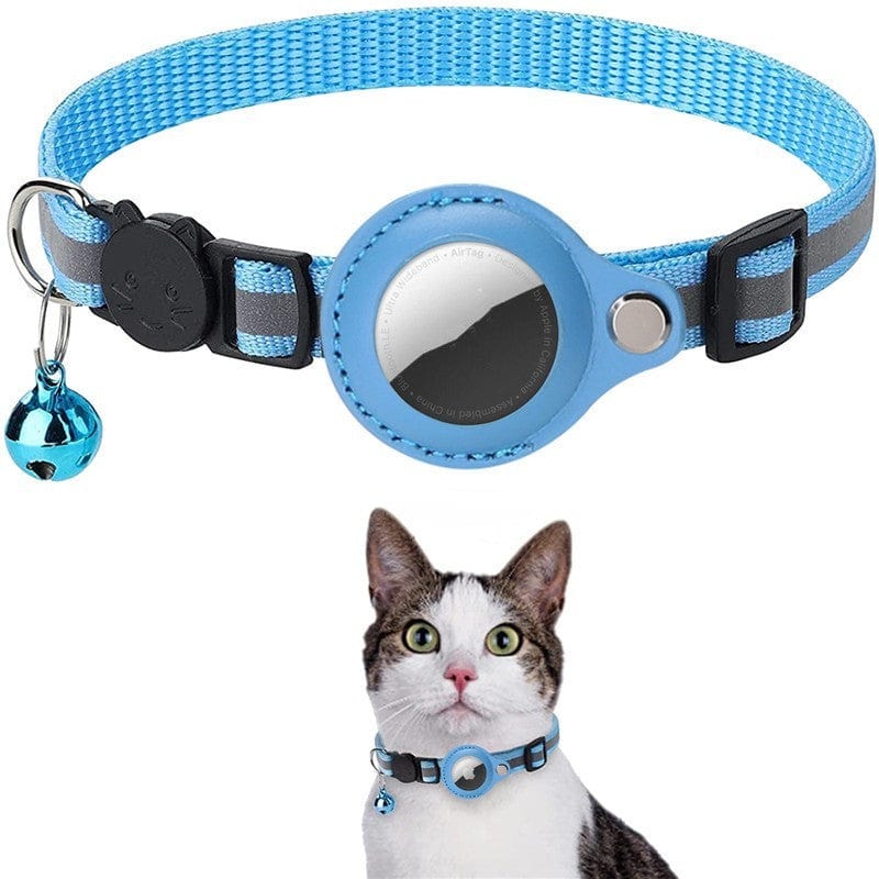 Collier pour animaux avec cloche et Airtag en bleu, idéal pour la sécurité et le style des chats.